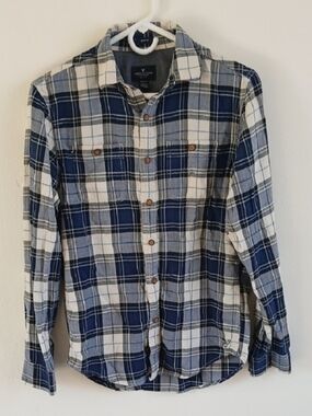 American Eagle Mens Blue White Plaid  Button Down Cotton Extra Small